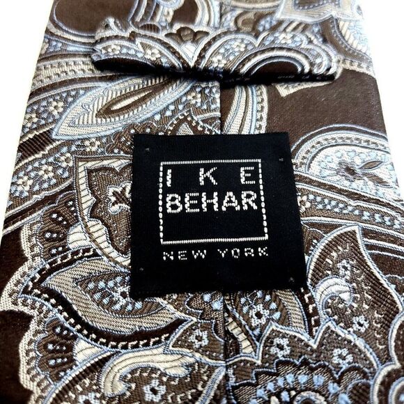 Ike Behar New York Brown Blue Paisley Woven Silk Tie Tailored USA - Picture 3 of 6